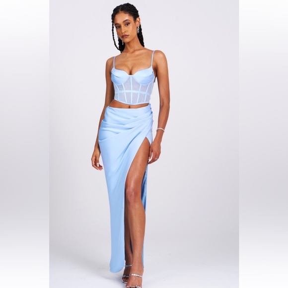 Light Blue Satin Corset Cutout Ruched Gathered Maxi Dress - NWT - Picture 1 of 10